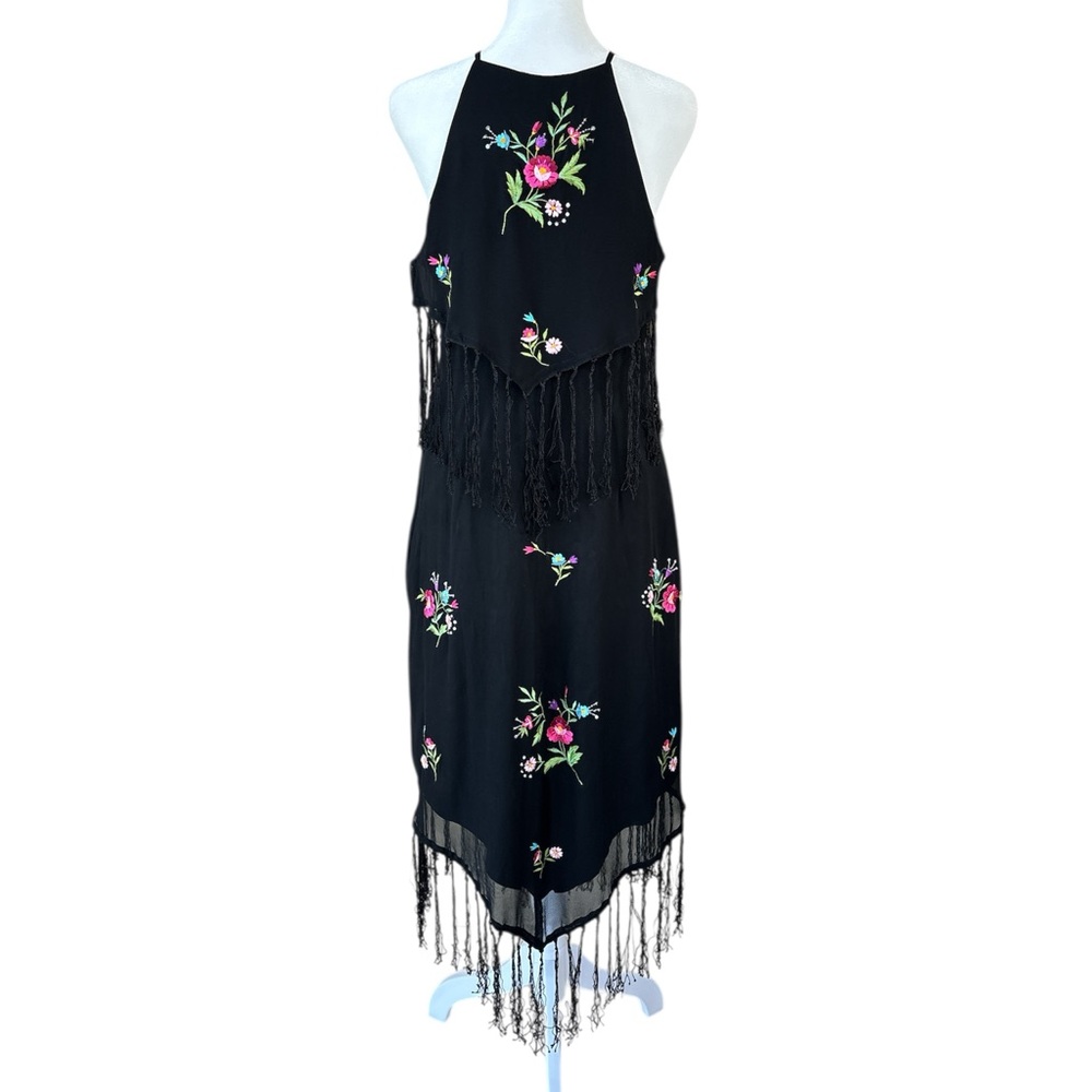 Sue Wong Vintage 90s Embroidered Dress With Fringe Black M - Picture 3 of 6